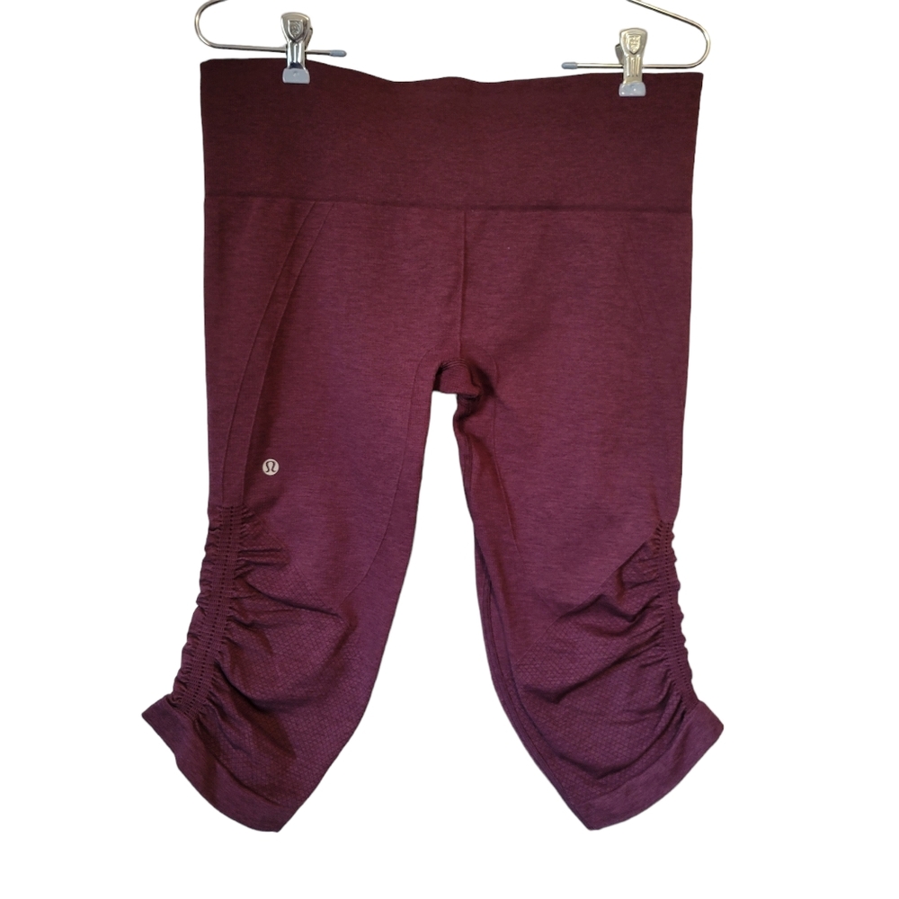 ​Lululemon Flow and Go Ruched Crop Leggings Mulberry Heathered Burgundy Size 10 - Picture 2 of 7